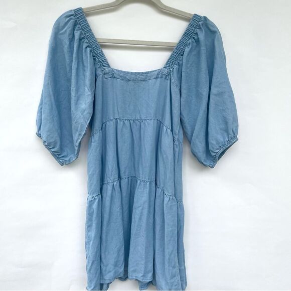 Blue Chambray Scalloped Puff Sleeve Mini Dress Size XS - Picture 3 of 9